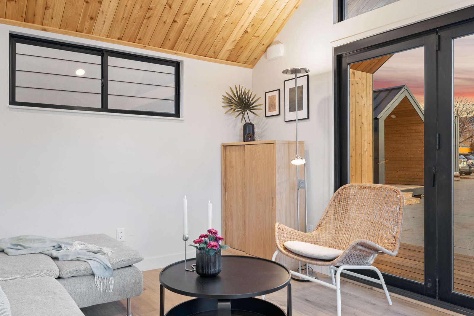 Interior of modular home with loft and cedar ceiling