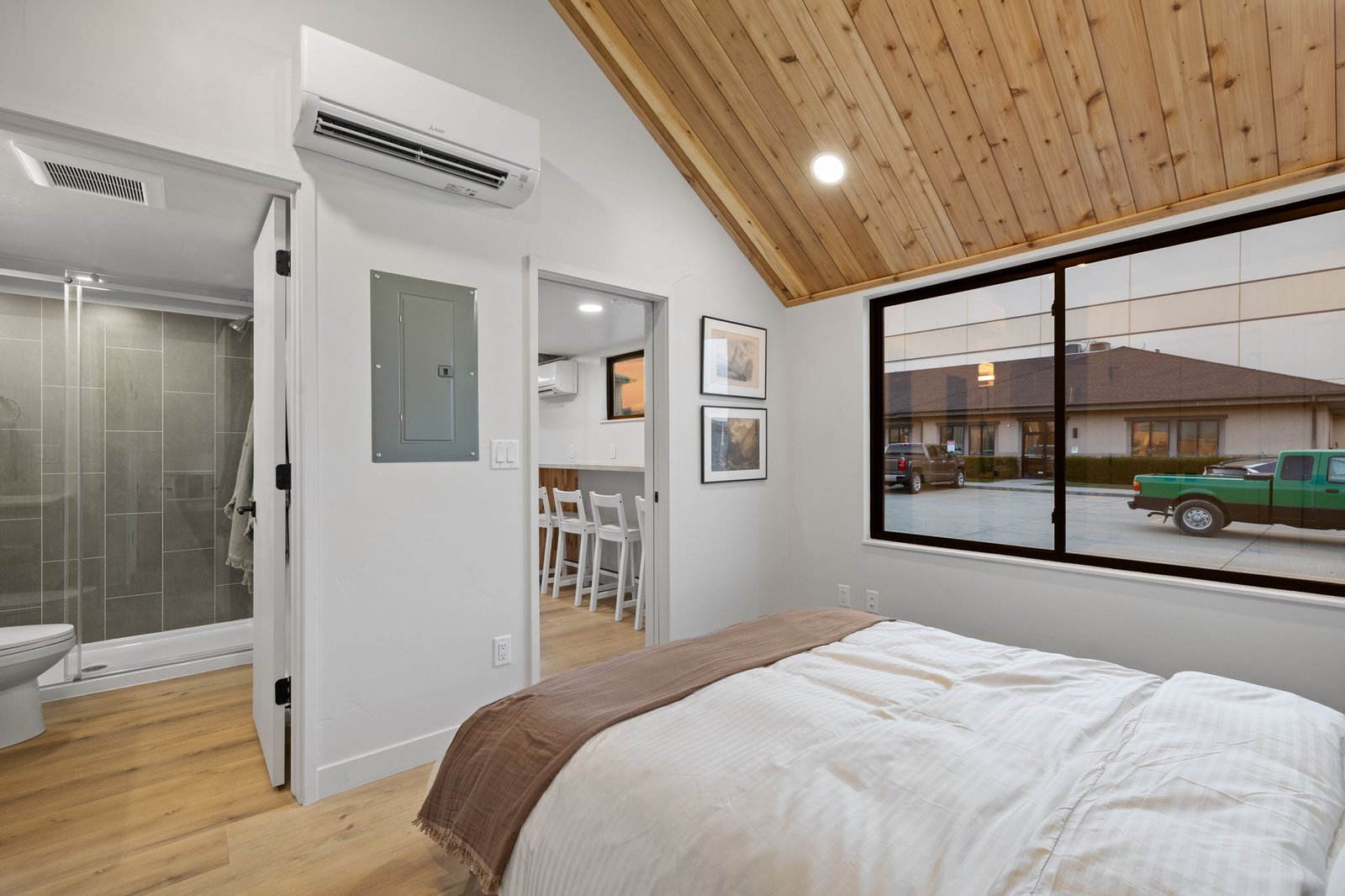 Cedar A-frame loft sleeping area